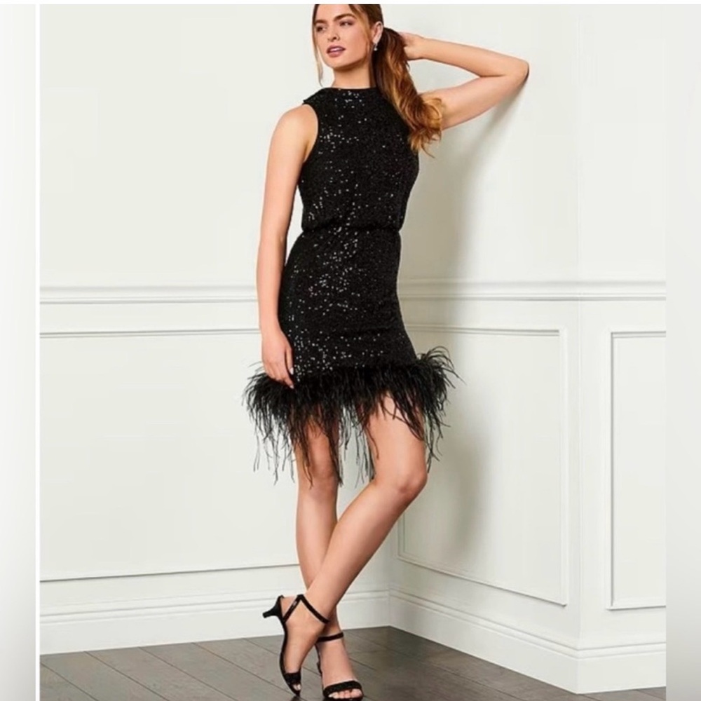 Eliza J Black Sequin Dress with Ostrich Feather Hem size 6